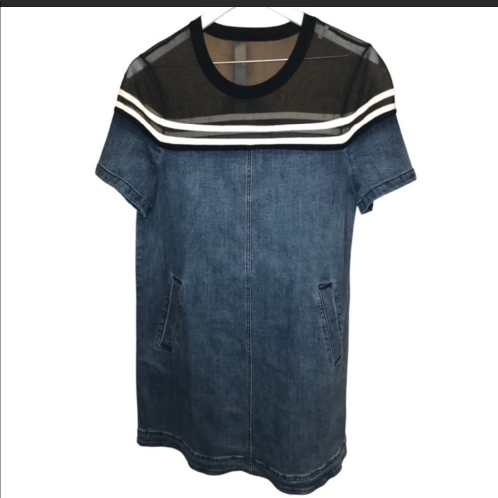 Cool Denim Dress w/ Black Mesh & White Stripe L.